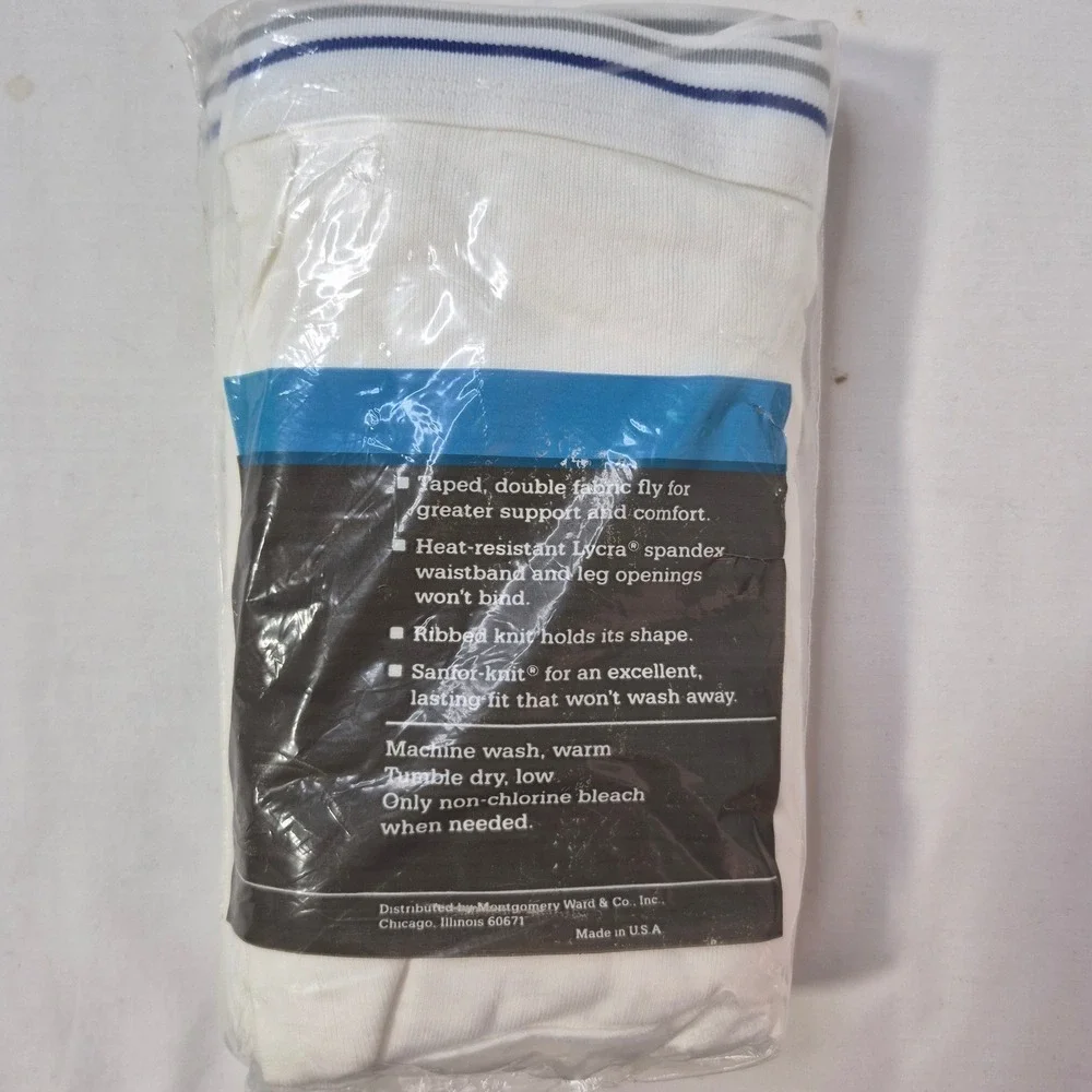 Montgomery Ward Briefs Mens XL 42-44 White 3-Pack Cotton Blue Gray Line‎ VTG New